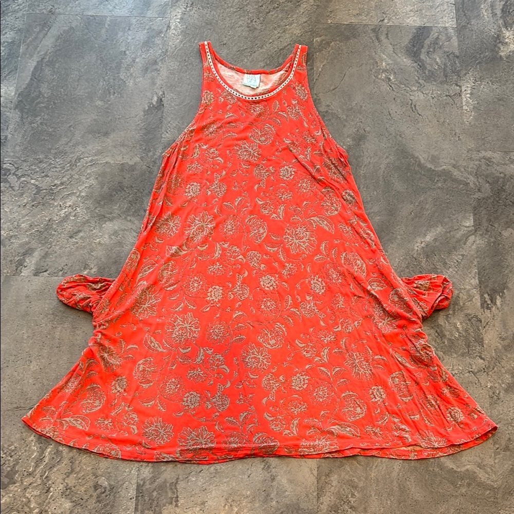NWOT Travida Women’s Orange Floral Sleeveless Dress with Pockets, Size S